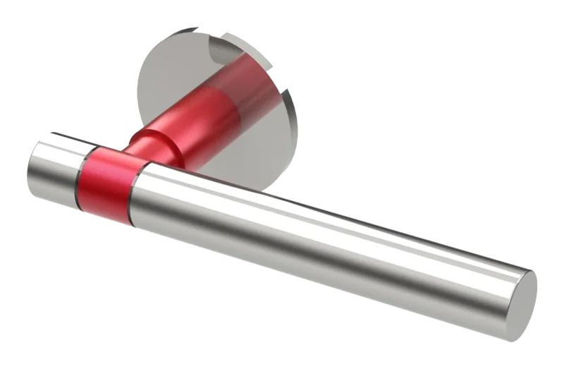 Contemporary lever handle on a round rose, polished chrome with a coloured collar