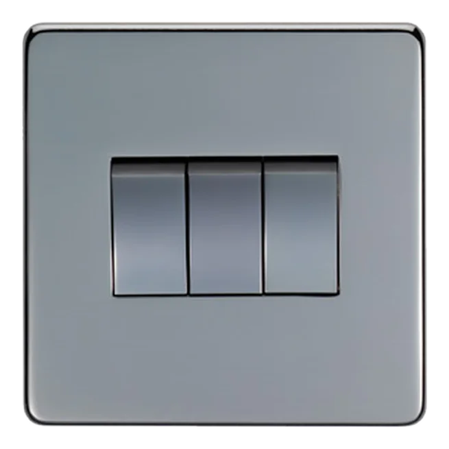 Three gang light switch on a flat metal plate, polished chrome