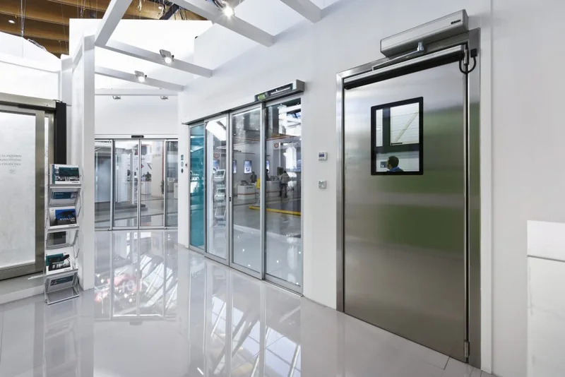 A run of automatic sliding glass doors along a hospital style corridor with stainless steel frames