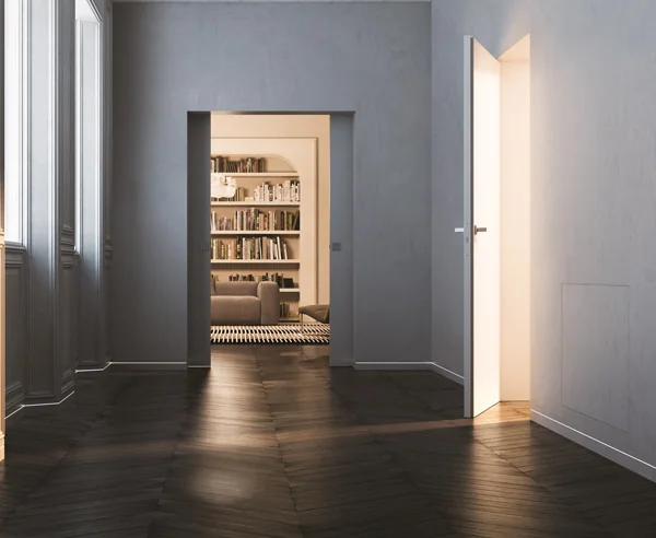 A flush pocket door in a dark panelled corridor, reading as part of the wall with no visible frame